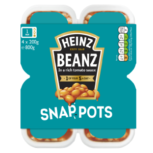 A pack of Heinz Bean Snap Pots is shown. The blue-green packaging contains four plastic pots of beans in a rich tomato sauce. The label indicates each pot is 200g, with a total weight of 800g. The packaging also showcases nutritional information and a '1 of your 5 a day' label from Heinz.