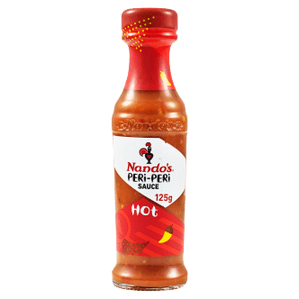 A 125g bottle of Nando Peri Sauce, featuring Nando's signature Peri-Peri Hot Sauce. The bottle has a red cap and a vibrant red and orange label design with the iconic Nando's logo and a pepper graphic indicating its hotness. The label also includes the text "125g" and "Hot".