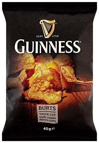 A black 40g packet of Burt's Guinness Crisps. The front of the packet features an image of the crisps and the Guinness logo with a harp symbol, along with the text "ESTP 1759" and "GUINNESS" in large white letters.