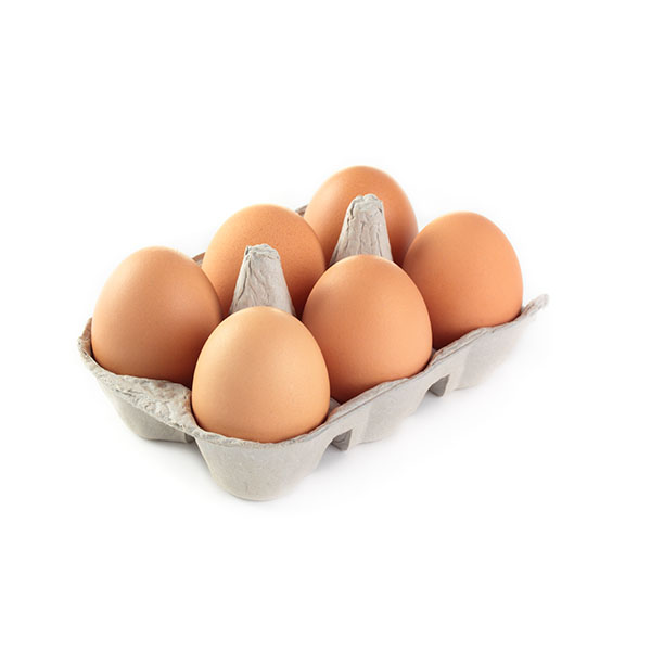 A half-dozen Eggs nestled in a gray cardboard egg carton against a clean white background.