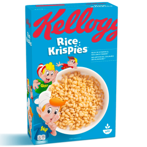 A blue cereal box showcasing "Kellogs Rice Krispies" in bold letters. The front displays a bowl of Rice Krispies along with the animated trio: Snap, Crackle, and Pop. Text highlights the cereal's nutritional benefits, including being rich in vitamin D.